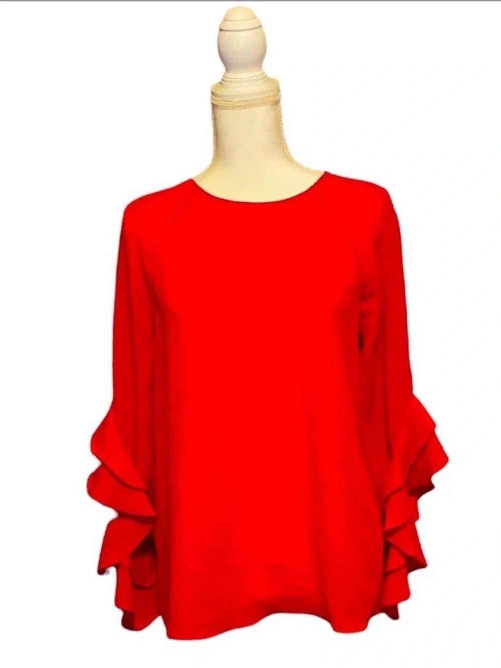 Daniel Cremieux Womens XS Red Ruffle Bell Sleeve Blouse Layered Flowy Career Top